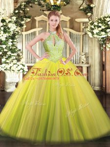 Noble Tulle Halter Top Sleeveless Lace Up Sequins Ball Gown Prom Dress in Yellow Green