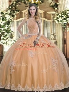 Charming High-neck Sleeveless Tulle Quinceanera Gowns Beading and Appliques Lace Up
