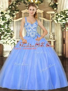 On Sale Floor Length Baby Blue Quinceanera Gowns Organza Sleeveless Beading and Appliques