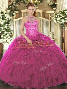 Designer Organza Halter Top Sleeveless Lace Up Beading and Ruffles Quinceanera Dresses in Fuchsia