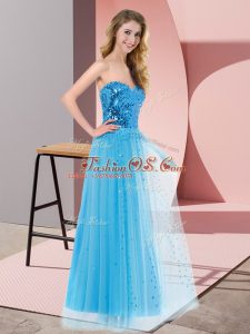 Discount Sleeveless Tulle Floor Length Lace Up Custom Made in Blue with Sequins