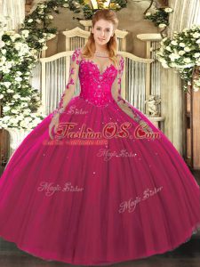 Elegant Hot Pink Scoop Neckline Lace Sweet 16 Quinceanera Dress Long Sleeves Lace Up