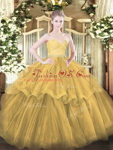 Zipper Quinceanera Gowns Gold for Military Ball and Sweet 16 and Quinceanera with Beading and Lace and Ruffled Layers Brush Train