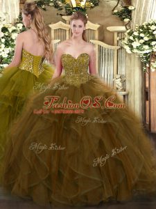 Amazing Sleeveless Floor Length Ruffles Lace Up Quinceanera Gowns with Brown