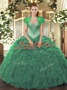 Beading and Ruffles Quinceanera Gowns Green Lace Up Sleeveless Floor Length