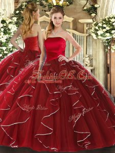 Designer Wine Red Sleeveless Tulle Lace Up Sweet 16 Dresses for Military Ball and Sweet 16 and Quinceanera