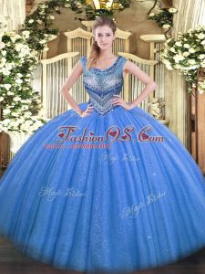 Blue Tulle Lace Up Scoop Sleeveless Floor Length Quinceanera Gowns Beading