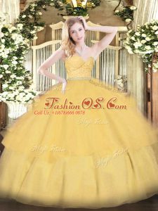 Vintage Ball Gowns Quinceanera Dress Gold Sweetheart Tulle Sleeveless Floor Length Zipper
