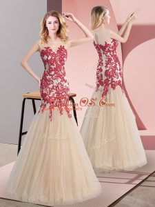 Champagne Zipper Scoop Appliques Dress for Prom Tulle Sleeveless
