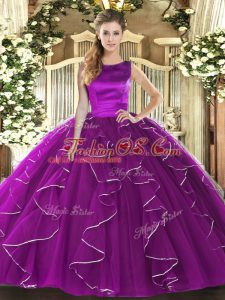 Noble Eggplant Purple Tulle Lace Up Quinceanera Dresses Sleeveless Floor Length Ruffles