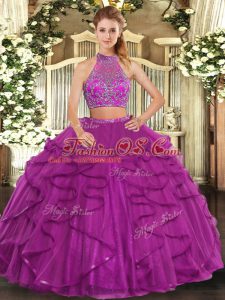 Pretty Fuchsia Criss Cross Quinceanera Gowns Beading and Ruffled Layers Sleeveless Floor Length