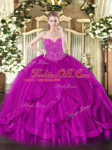 Fuchsia Sleeveless Floor Length Beading and Ruffles Lace Up Sweet 16 Quinceanera Dress