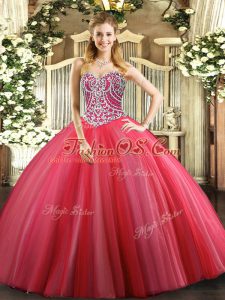 Best Coral Red Ball Gowns Beading Ball Gown Prom Dress Lace Up Tulle Sleeveless Floor Length