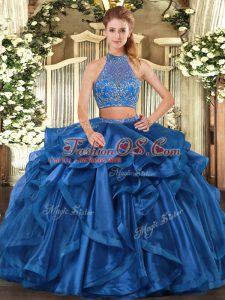 Floor Length Criss Cross 15th Birthday Dress Blue for Military Ball and Sweet 16 and Quinceanera with Beading and Ruffled Layers
