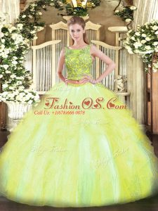 Clearance Two Pieces Ball Gown Prom Dress Yellow Green Scoop Tulle Sleeveless Floor Length Lace Up