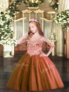 Sleeveless Floor Length Appliques Lace Up Kids Formal Wear with Rust Red