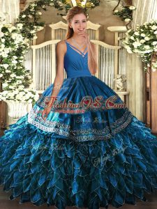 Cheap Blue Ball Gowns Satin and Organza V-neck Sleeveless Ruffles Floor Length Backless 15 Quinceanera Dress