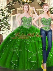 Fabulous Floor Length Green Sweet 16 Dresses Organza Sleeveless Beading and Ruffles