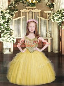 Customized Gold Tulle Lace Up Little Girl Pageant Gowns Sleeveless Floor Length Beading and Ruffles