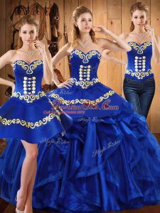 Royal Blue Organza Lace Up Sweet 16 Dress Sleeveless Floor Length Embroidery and Ruffles