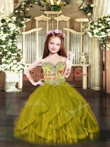 Fashionable Beading and Ruffles Pageant Dress for Womens Olive Green Lace Up Sleeveless Floor Length