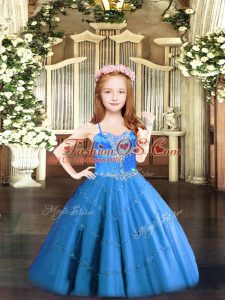 Best Tulle Spaghetti Straps Sleeveless Lace Up Beading Evening Gowns in Baby Blue