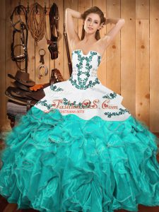 Strapless Sleeveless Satin and Organza Ball Gown Prom Dress Embroidery and Ruffles Lace Up