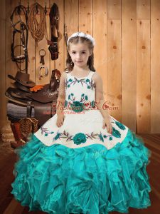 Beautiful Aqua Blue Lace Up Little Girls Pageant Gowns Embroidery and Ruffles Sleeveless Floor Length
