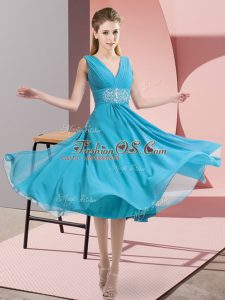 Spectacular Aqua Blue V-neck Side Zipper Beading Bridesmaid Gown Sleeveless