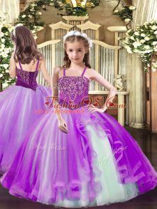 Trendy Lilac Tulle Lace Up Straps Sleeveless Floor Length Pageant Gowns Beading