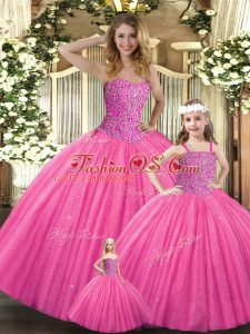 Fancy Hot Pink Tulle Lace Up Quinceanera Gown Sleeveless Floor Length Beading