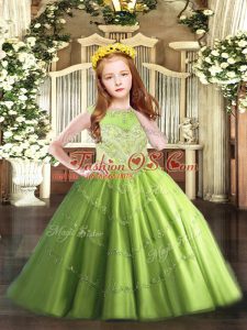 Modern Tulle Zipper Scoop Sleeveless Floor Length Kids Pageant Dress Beading and Appliques