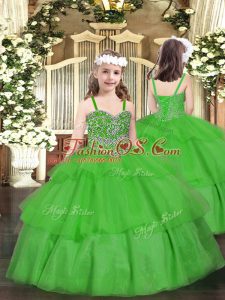 Straps Sleeveless Organza Little Girl Pageant Gowns Beading and Ruffled Layers Lace Up