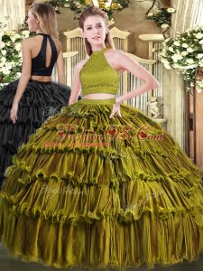 Fantastic Floor Length Olive Green 15 Quinceanera Dress Organza Sleeveless Beading and Ruffled Layers