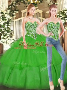 Green Tulle Lace Up Sweetheart Sleeveless Floor Length Quinceanera Dress Beading and Ruffled Layers