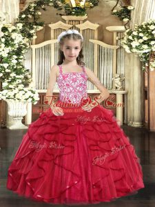 Coral Red Sleeveless Beading and Ruffles Floor Length Kids Formal Wear