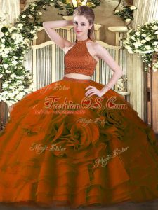 Best Selling Halter Top Sleeveless 15 Quinceanera Dress Floor Length Beading and Ruffles Rust Red Tulle