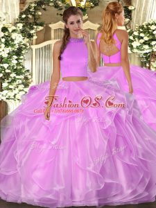 Floor Length Backless 15 Quinceanera Dress Lilac for Military Ball and Sweet 16 and Quinceanera with Beading and Ruffles