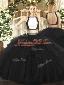 Fancy Floor Length Black Quince Ball Gowns Halter Top Sleeveless Backless