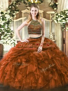 Free and Easy Floor Length Two Pieces Sleeveless Brown Quinceanera Dress Zipper