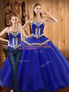 Blue Sweetheart Lace Up Embroidery Quinceanera Gown Sleeveless