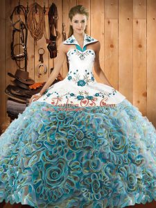Multi-color Sweet 16 Dress Military Ball and Sweet 16 and Quinceanera with Embroidery Halter Top Sleeveless Sweep Train Lace Up