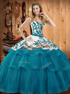 Sweetheart Sleeveless Quinceanera Gown Sweep Train Embroidery Teal Organza