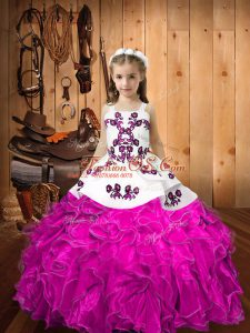 Floor Length Lace Up Little Girls Pageant Dress Wholesale Fuchsia for Sweet 16 and Quinceanera with Embroidery and Ruffles