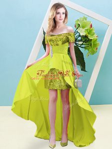 Empire Prom Party Dress Yellow Off The Shoulder Elastic Woven Satin and Sequined Short Sleeves High Low Lace Up
