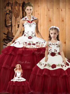 Vintage Wine Red Lace Up Quinceanera Dress Embroidery and Ruffled Layers Sleeveless Floor Length