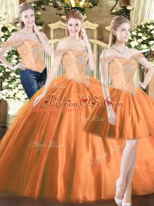 Ideal Sleeveless Tulle Floor Length Lace Up Quinceanera Gowns in Orange Red with Beading