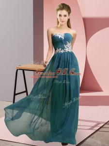Custom Design Floor Length Lace Up Evening Dress Teal for Prom and Party with Appliques