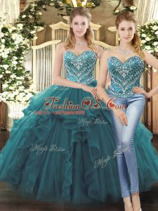 Teal Tulle Lace Up Sweetheart Sleeveless Floor Length Sweet 16 Dresses Beading and Ruffles