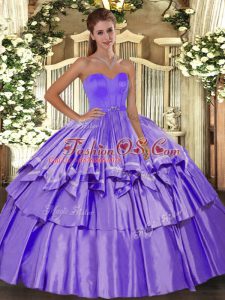 Lavender Organza and Taffeta Lace Up 15th Birthday Dress Sleeveless Floor Length Beading and Ruffled Layers